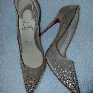 RED BOTTOMS!Christian Louboutin Nude Crystal Mesh Pointed-Toe Pumps.  Well Loved